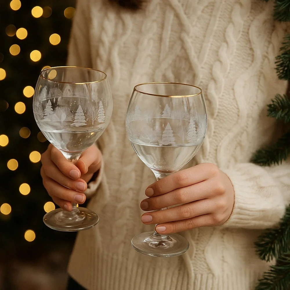Libbey Vintage Snow Scene Wine Glass Goblets Set of 2 Holiday Theme - Picture 2 of 7